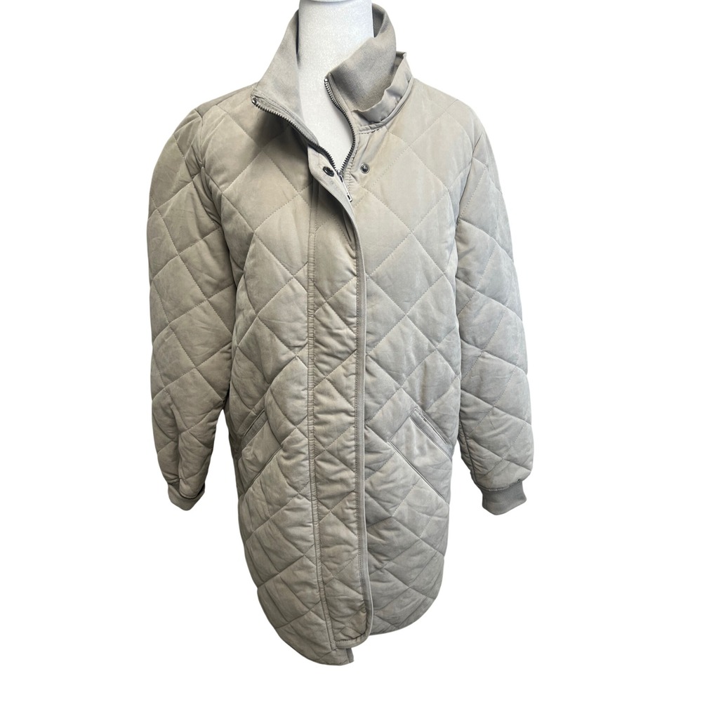 DKNY Quilted Longline Bomber Jacket Women Sz L Taupe Tan Puffer Coat Preppy Chic